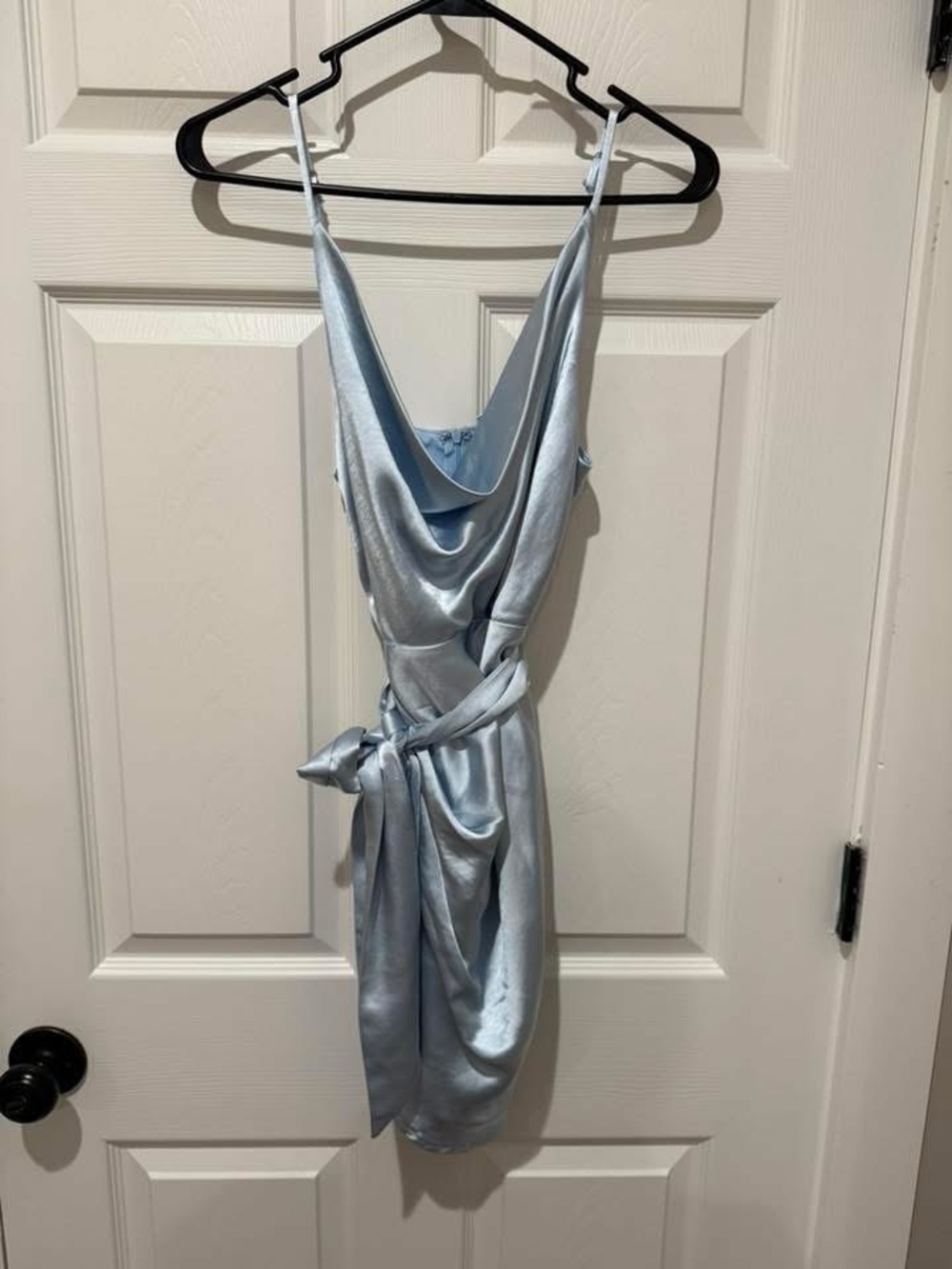 Satin Cowl Neck Slip Dress in Light Blue